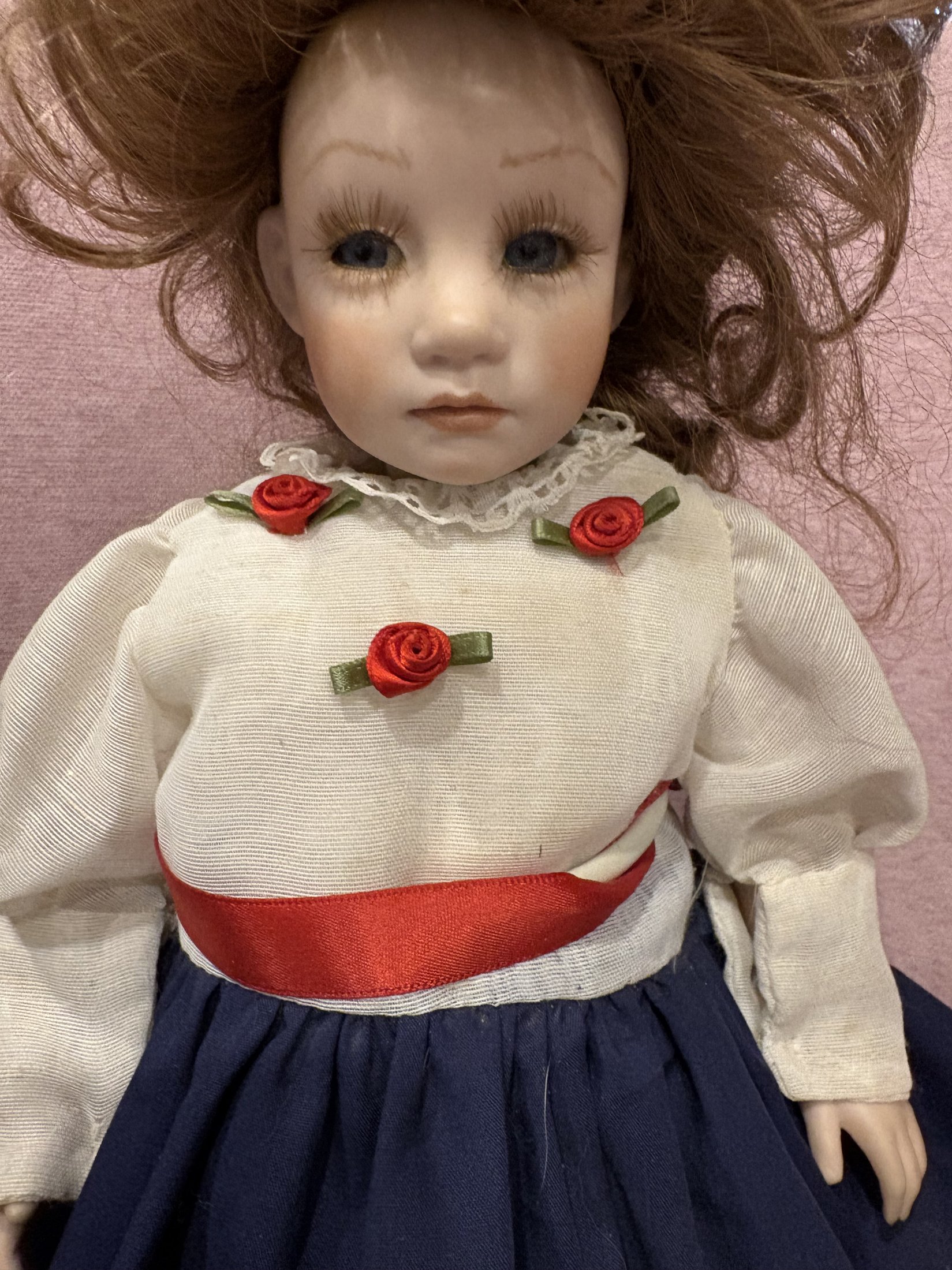 Vintage Porcelain Doll with Red Hair and Floral Dress - Image 2