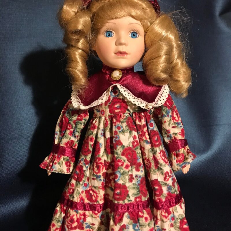 Numbered Vintage Porcelain Doll — Floral Dress with Blonde Curls — 12″
