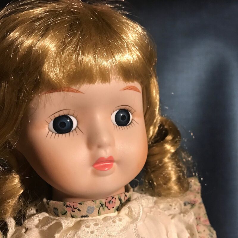 Vintage Porcelain Doll — White Floral Dress with Blonde Curls — 18″