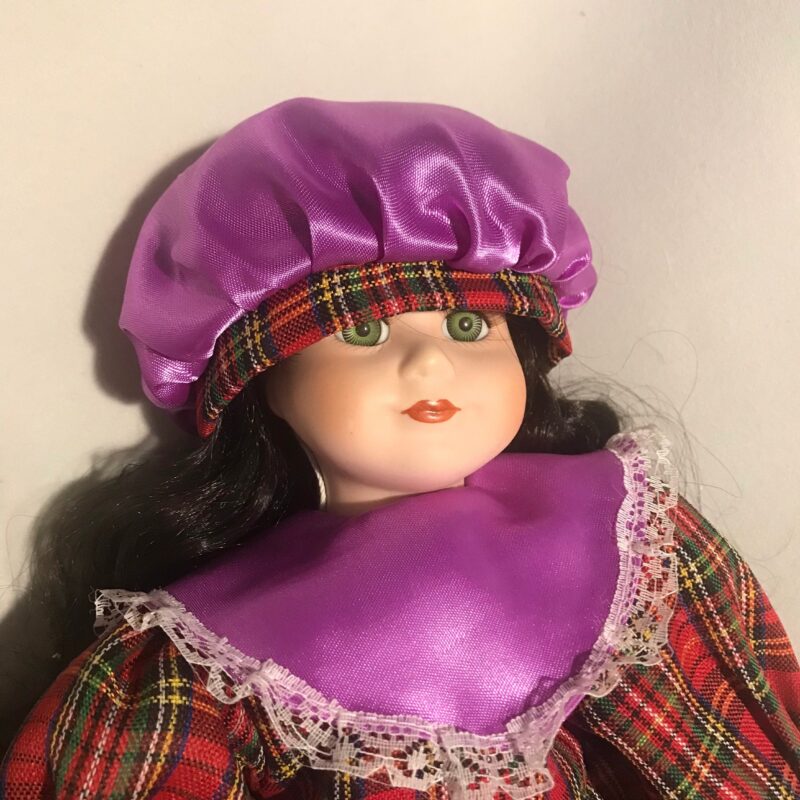 Vintage Porcelain Doll — Plaid & Purple Dress — 16″