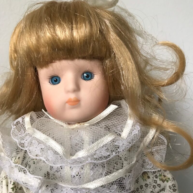 Vintage Porcelain Doll — Green Velvet Dress — 16″