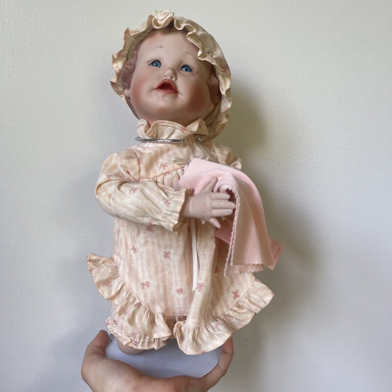 Vintage Porcelain Doll — Floral Hat & Pearl Necklace — 16″