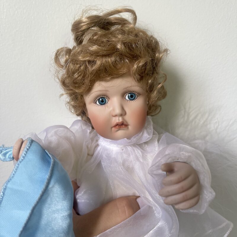 Vintage Porcelain Doll — Blue & White Lace Dress — 16″