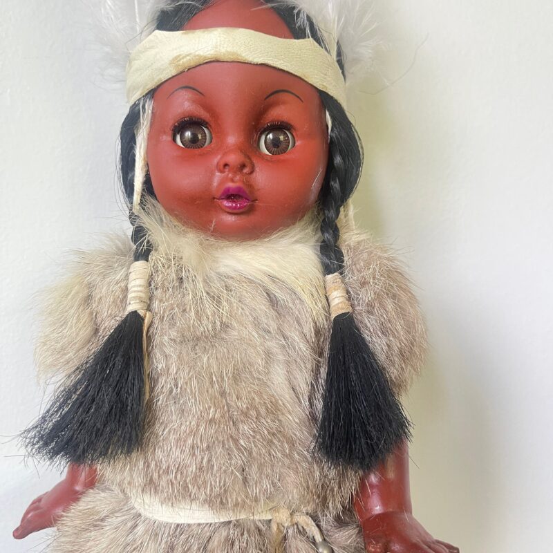 Vintage Porcelain Doll — Dusty Rose Dress with Bonnet — 16″