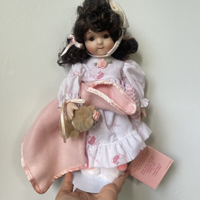 Vintage Porcelain Doll — Burgundy & Cream Dress — 16″