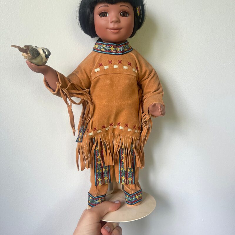 Vintage Porcelain Doll — Lavender Floral Dress — 16″