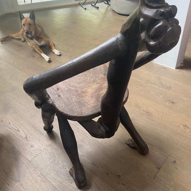 Hand-Carved Surrealist African Figural Chair — Anthropomorphic Dark Wood — Vintage Collectible
