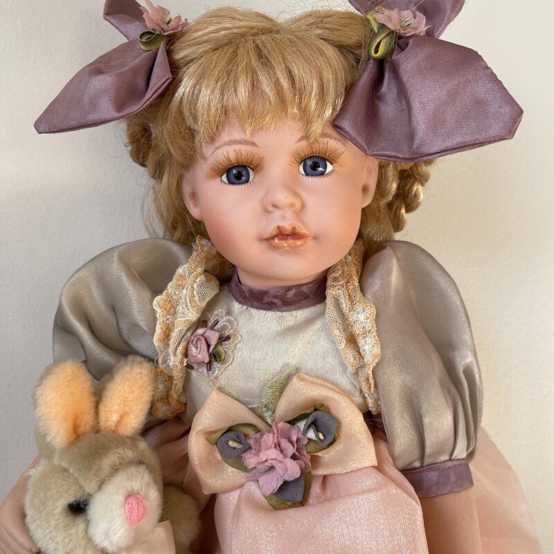 Vintage Porcelain Doll with Companion Rabbit — Grey & Pink Dress — 14″
