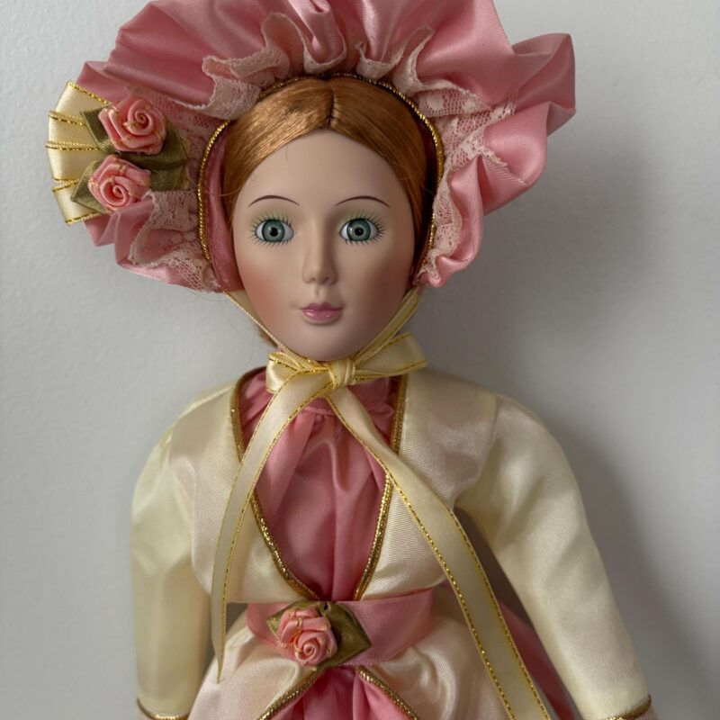 Victorian-Style Vintage Porcelain Doll — Pink & White Dress — 18″