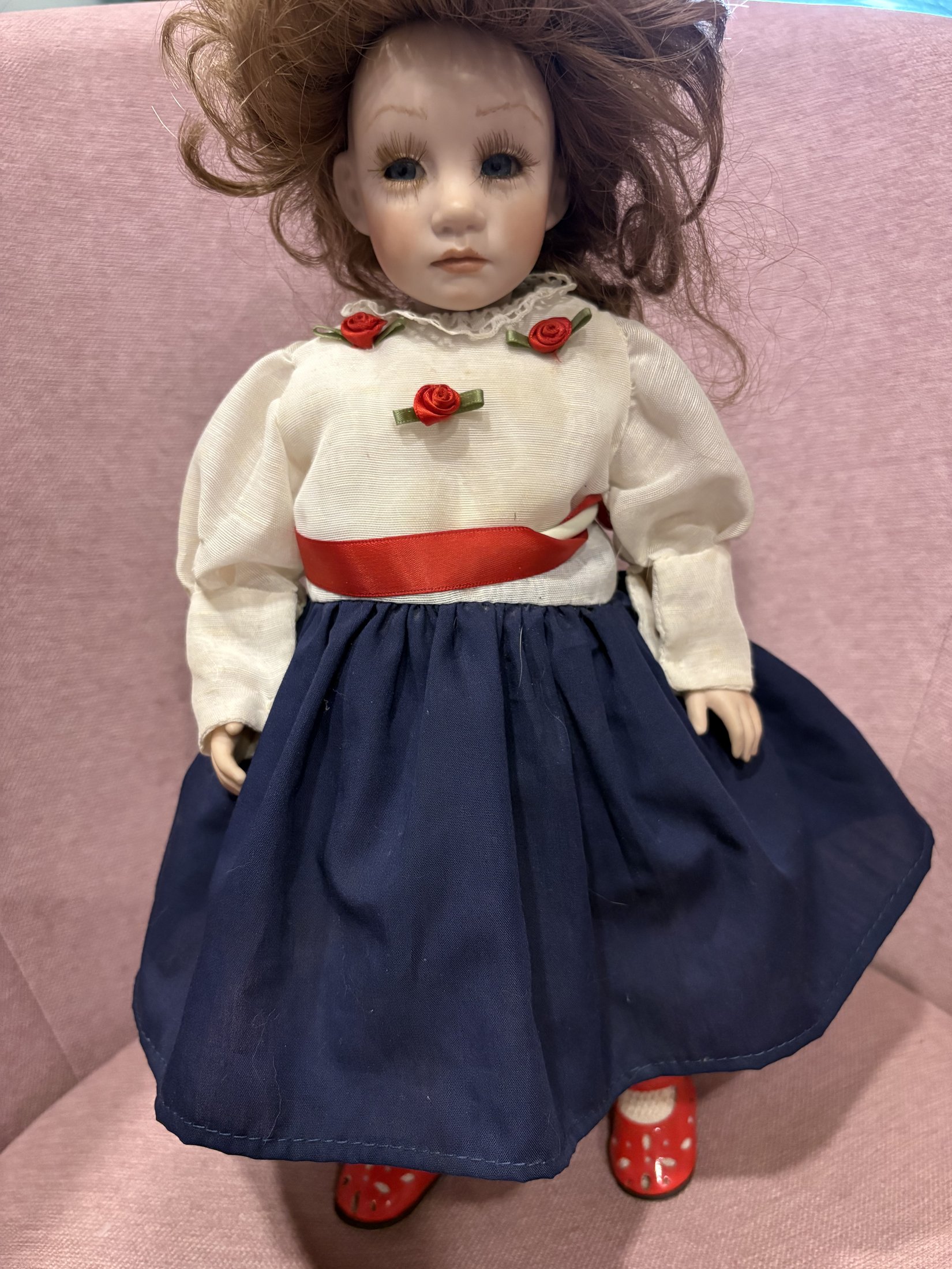 Vintage Porcelain Doll with Red Hair and Floral Dress - Image 3
