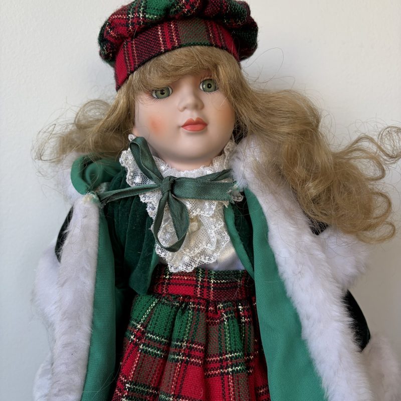 Artisan Limited Edition Porcelain Doll in Green Plaid Christmas Outfit