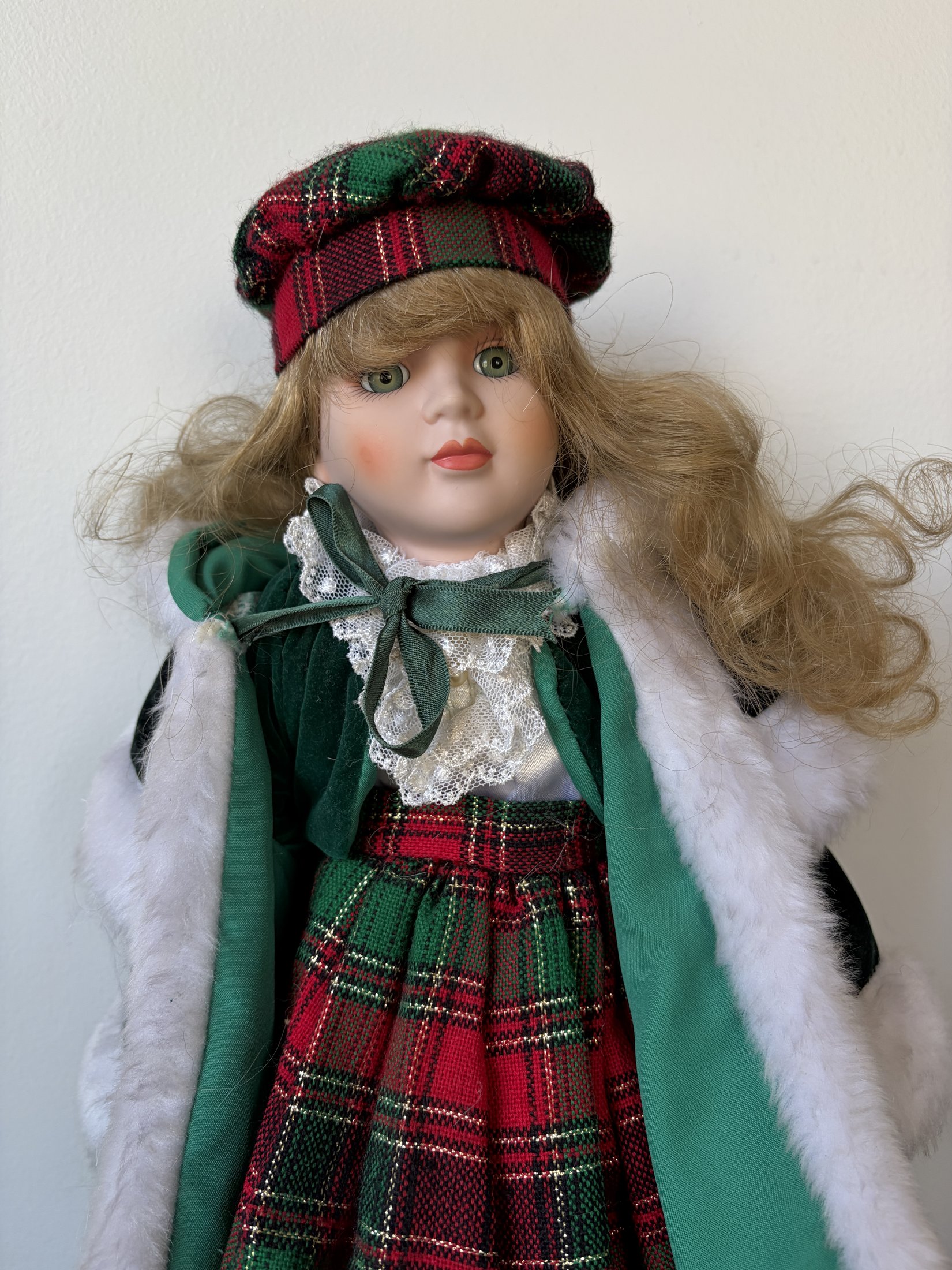 Artisan Limited Edition Porcelain Doll in Green Plaid Christmas Outfit