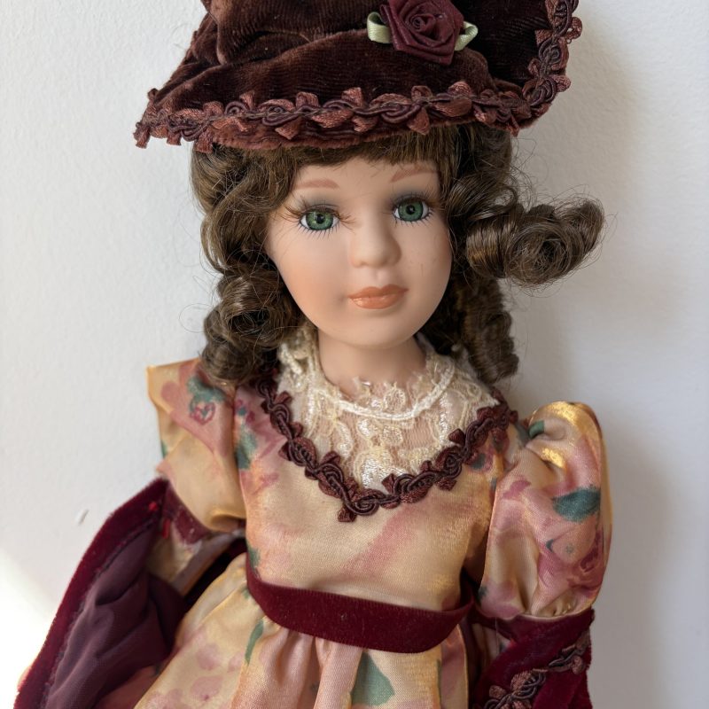 Victorian Style Porcelain Doll 18″ Floral Dress with Hat