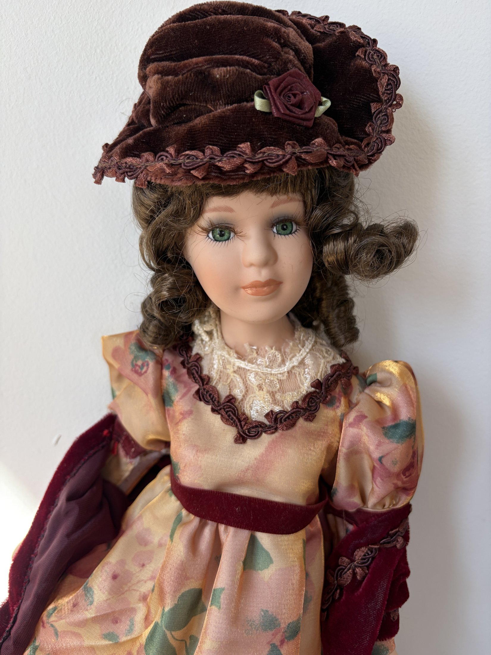 Victorian Style Porcelain Doll 18" Floral Dress with Hat