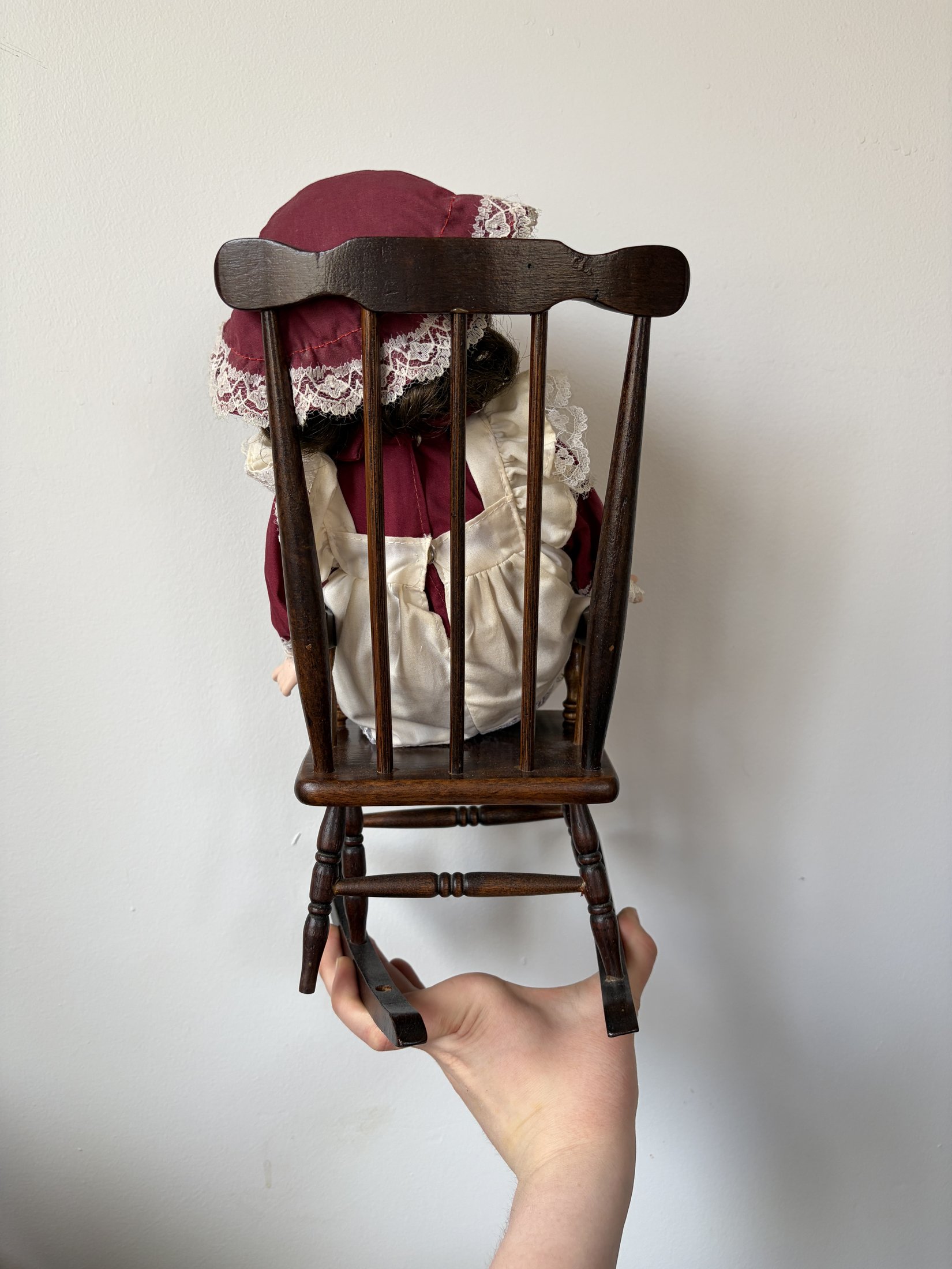 Vintage Porcelain Doll in Maroon Dress with Lace Trim - Image 4