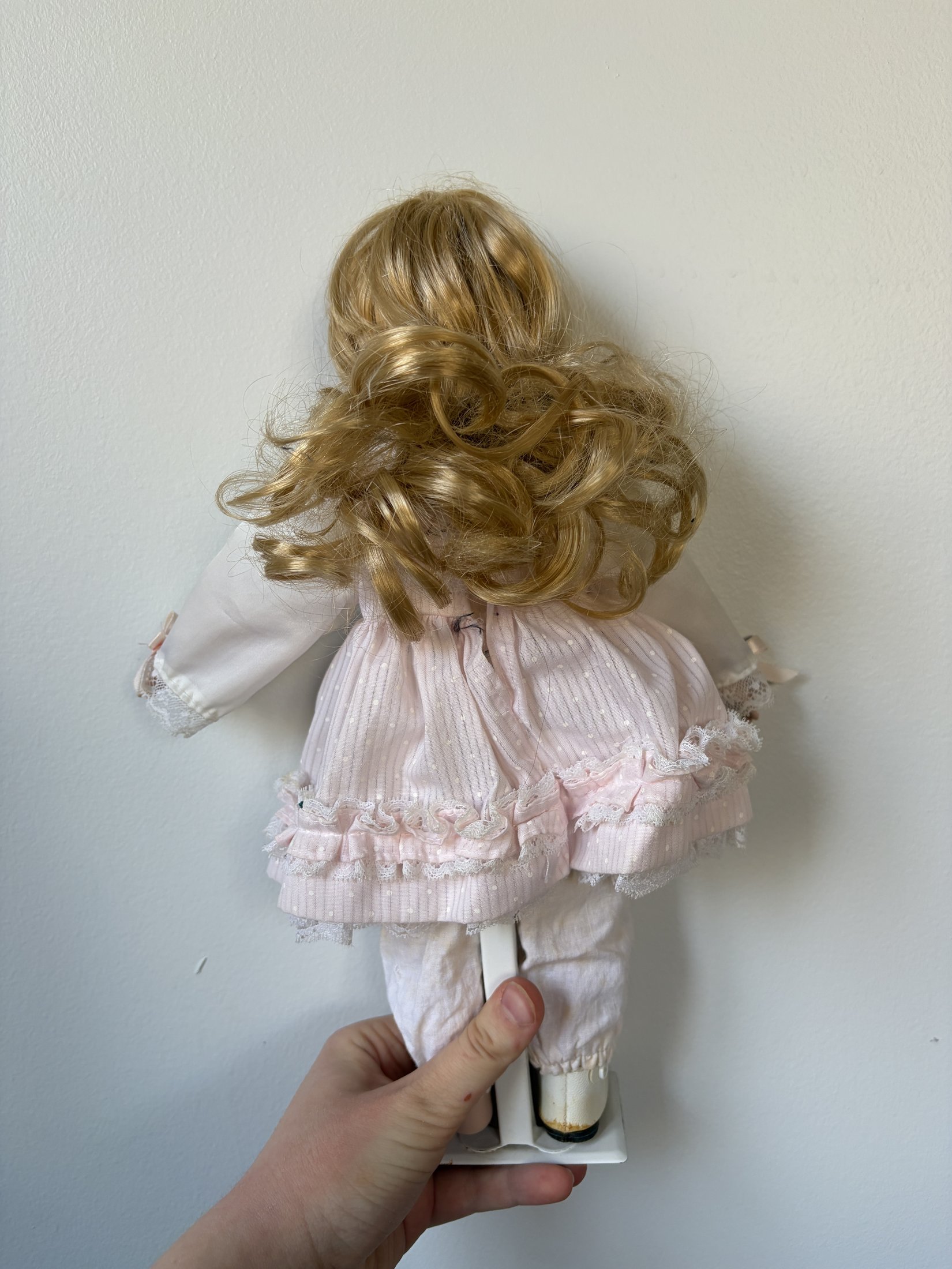 Porcelain Doll Blonde Hair Pink Dress 16" - Image 4