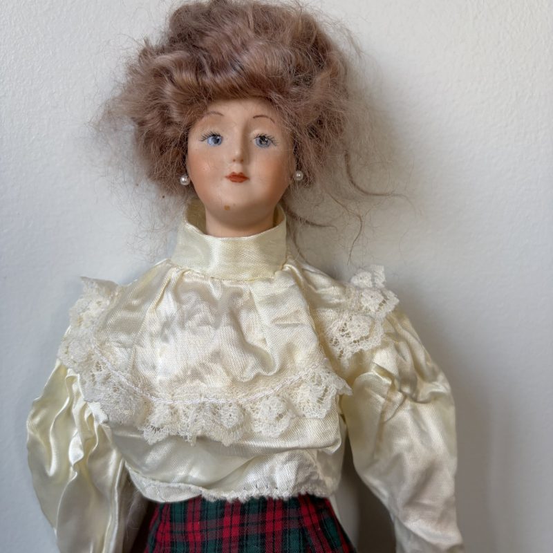 Vintage Porcelain Doll with Plaid Dress and Blonde Hair