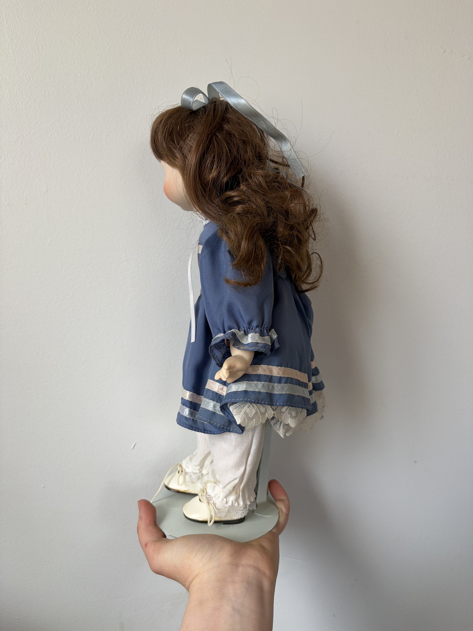 Porcelain Doll Brown Hair Blue Dress 16” with Stand - Image 5