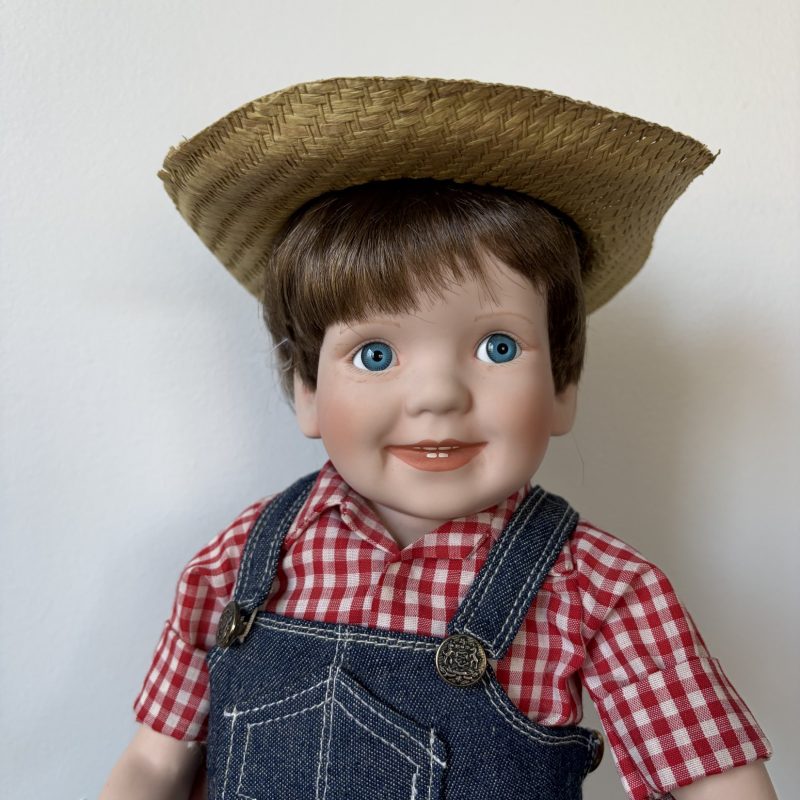 Porcelain Doll with Straw Hat and Overalls – Crafted in Taiwan