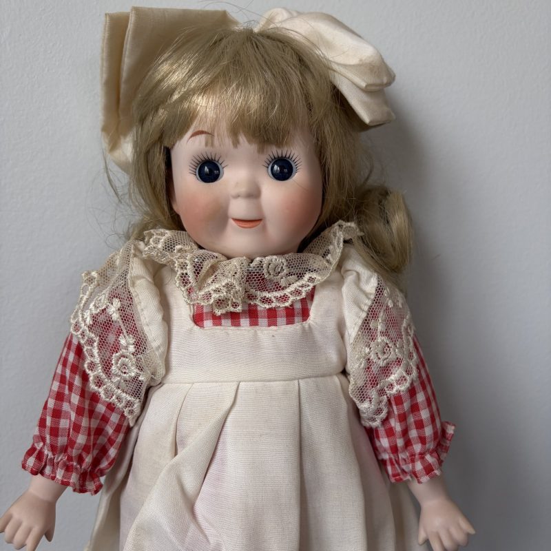 Vintage Porcelain Doll Blonde Hair Red Gingham Dress 16″