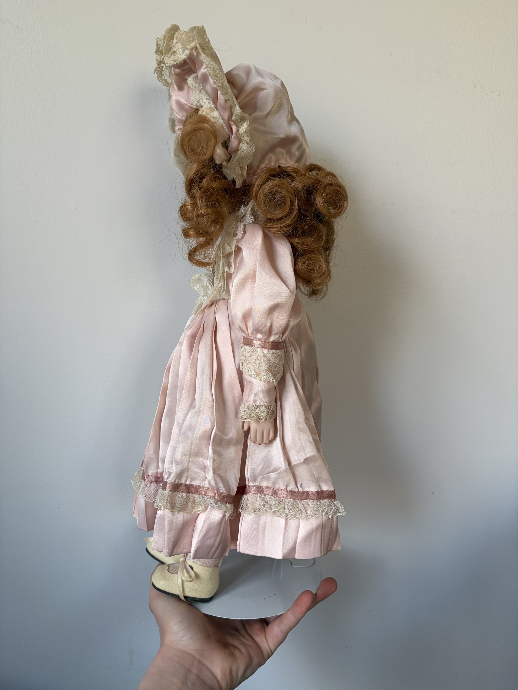 Vintage Porcelain Doll in Pink Lace Dress & Bonnet - Image 3