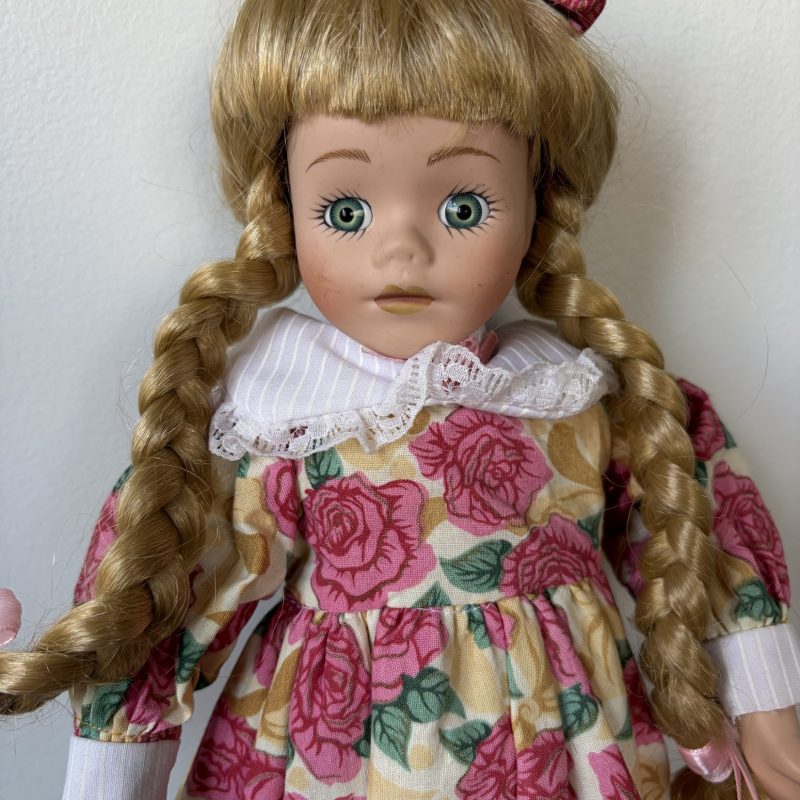 Porcelain Doll – Blonde Hair, Green Eyes, Floral Dress