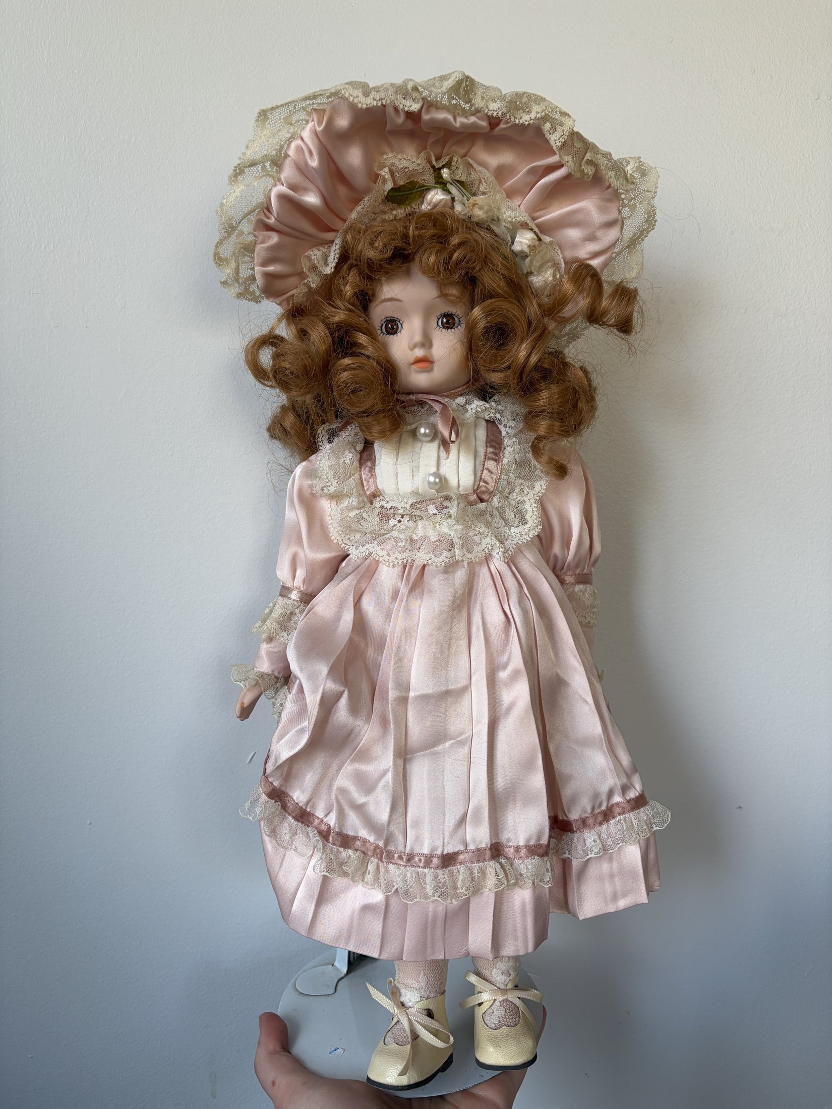 Vintage Porcelain Doll in Pink Lace Dress & Bonnet - Image 2