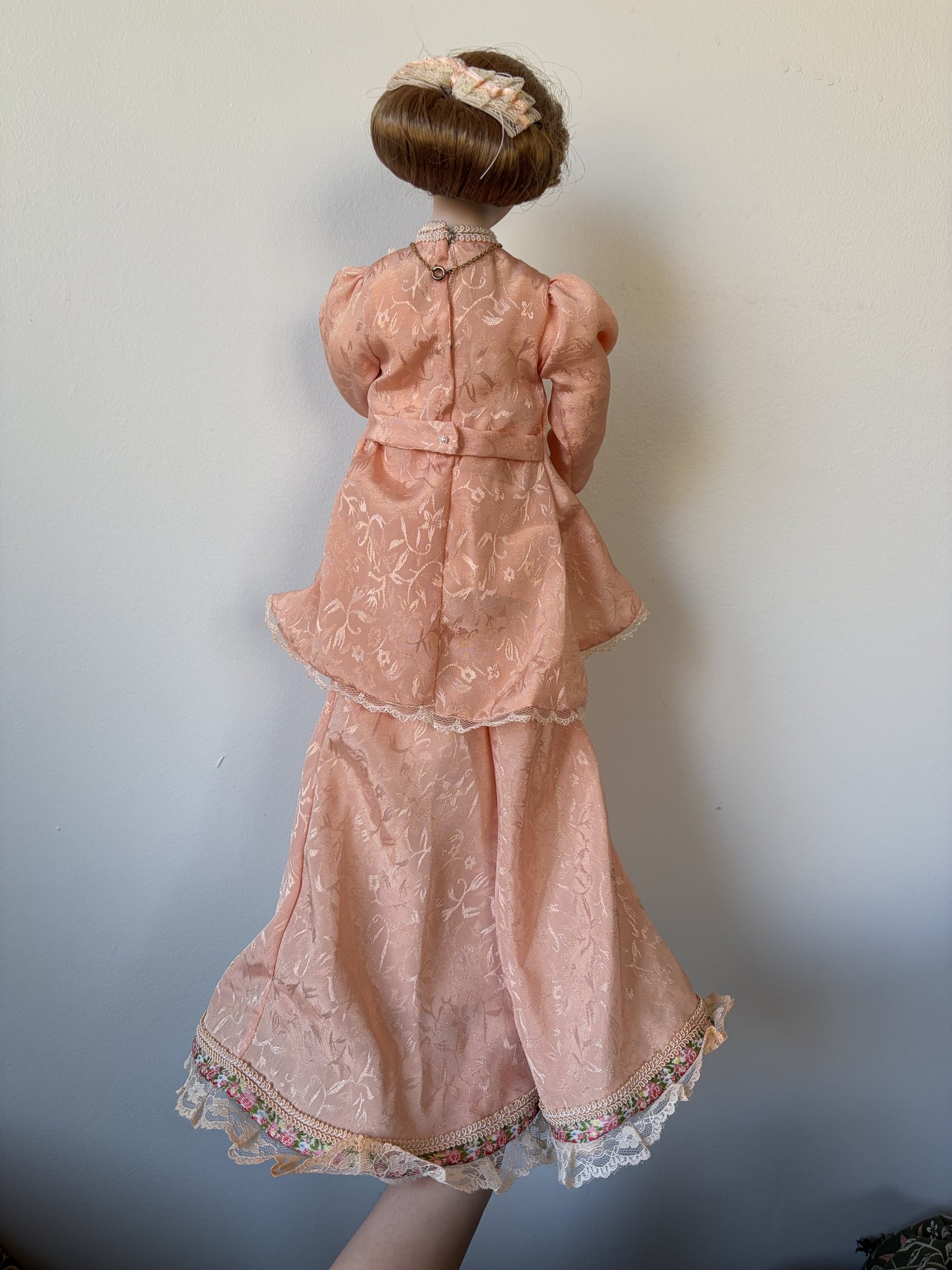 Porcelain Doll in Pink Lace Dress with Brown Hair and Blue Eyes - Image 4