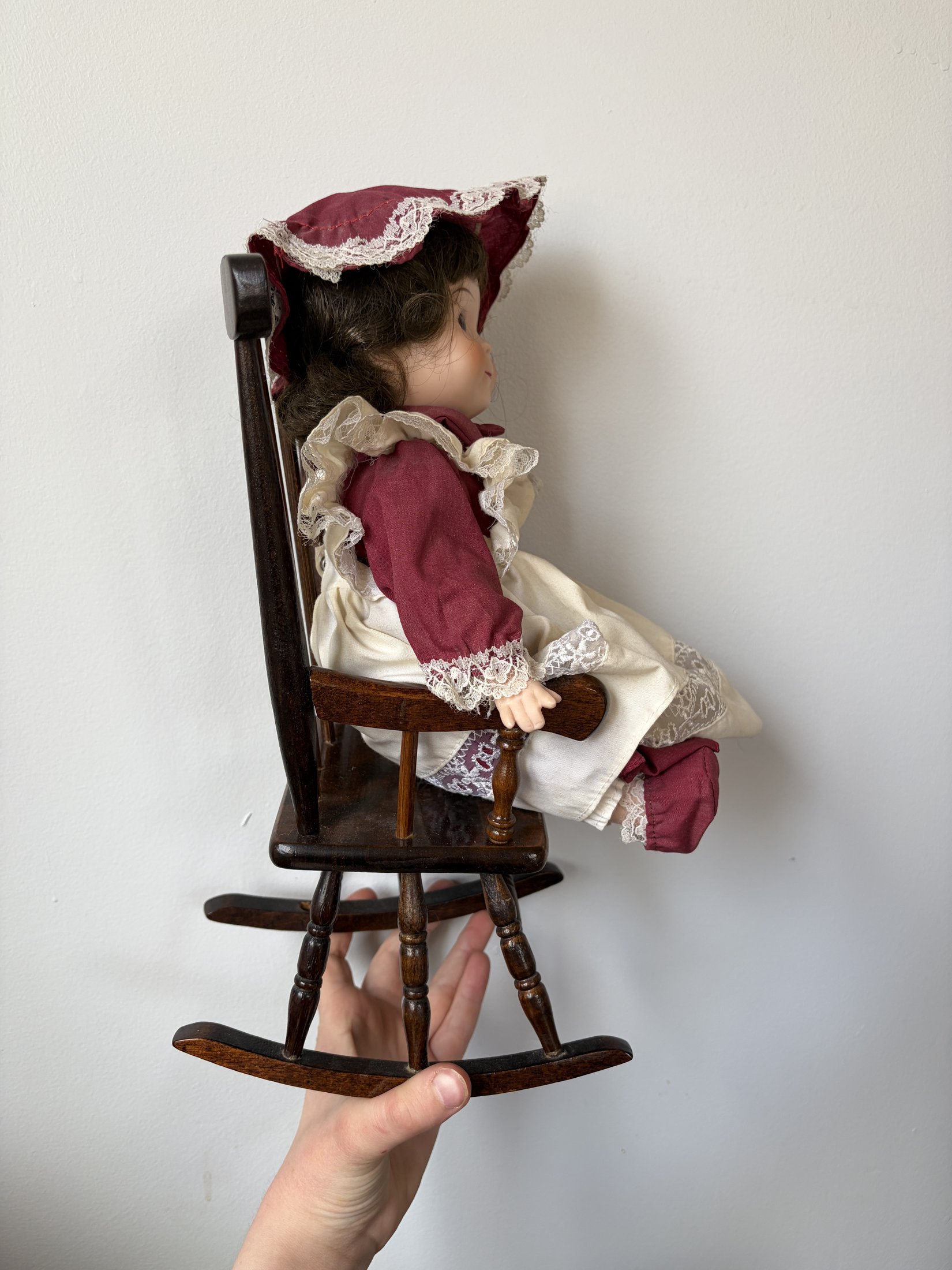 Vintage Porcelain Doll in Maroon Dress with Lace Trim - Image 3