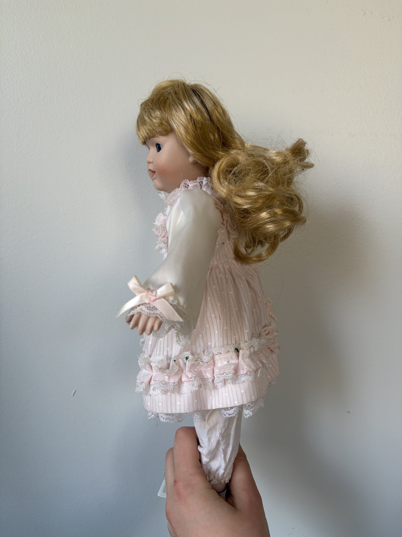 Porcelain Doll Blonde Hair Pink Dress 16" - Image 5