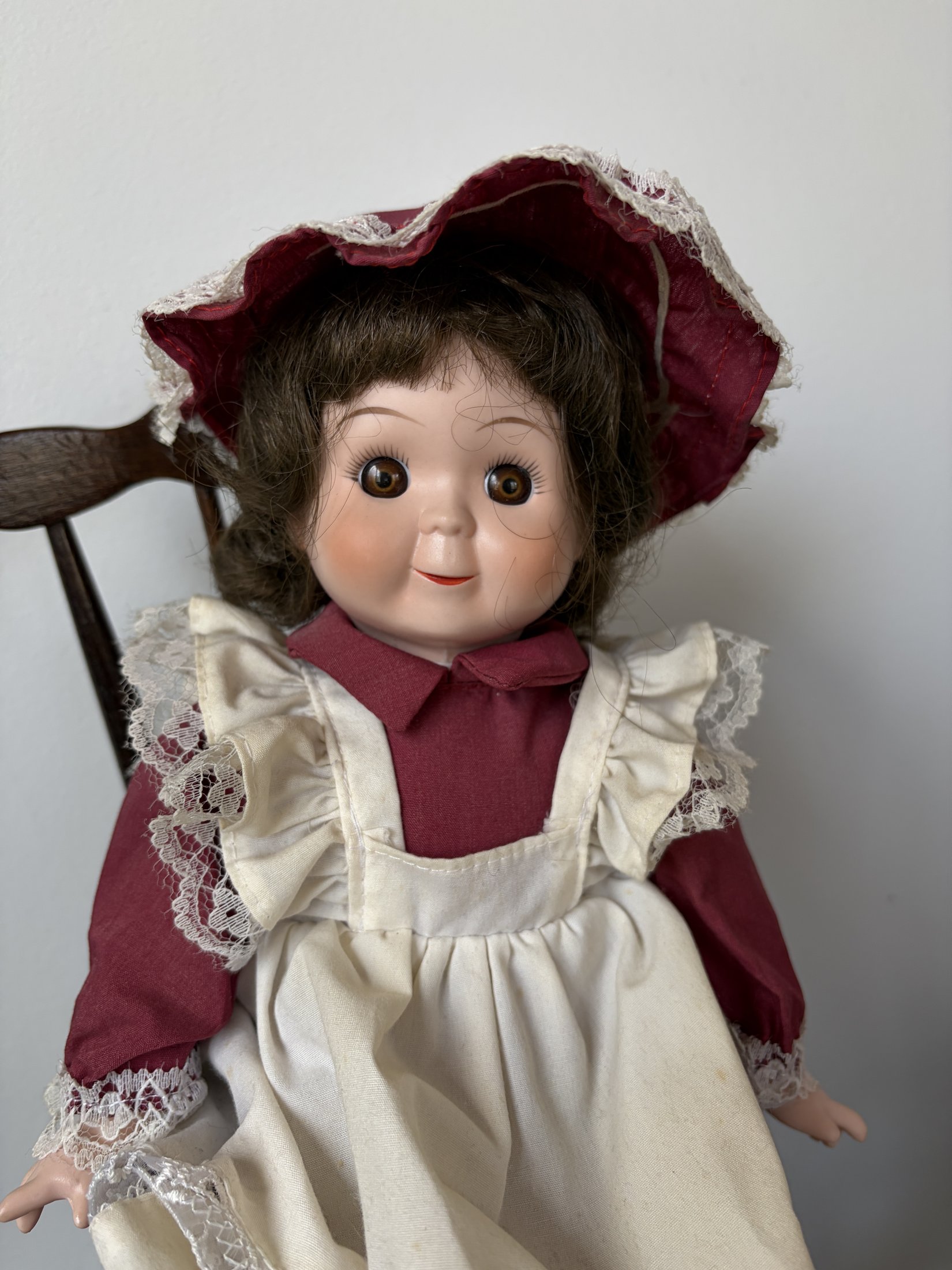 Vintage Porcelain Doll in Maroon Dress with Lace Trim - Image 6
