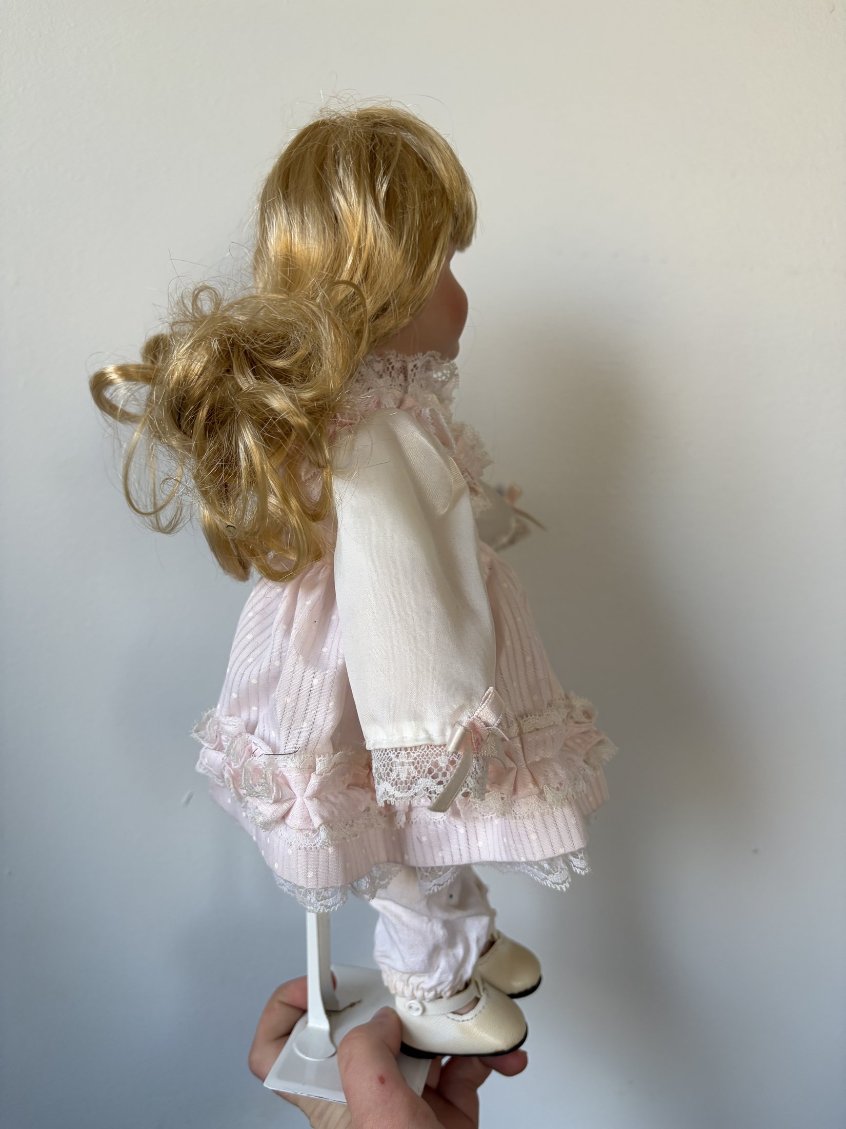 Porcelain Doll Blonde Hair Pink Dress 16" - Image 3