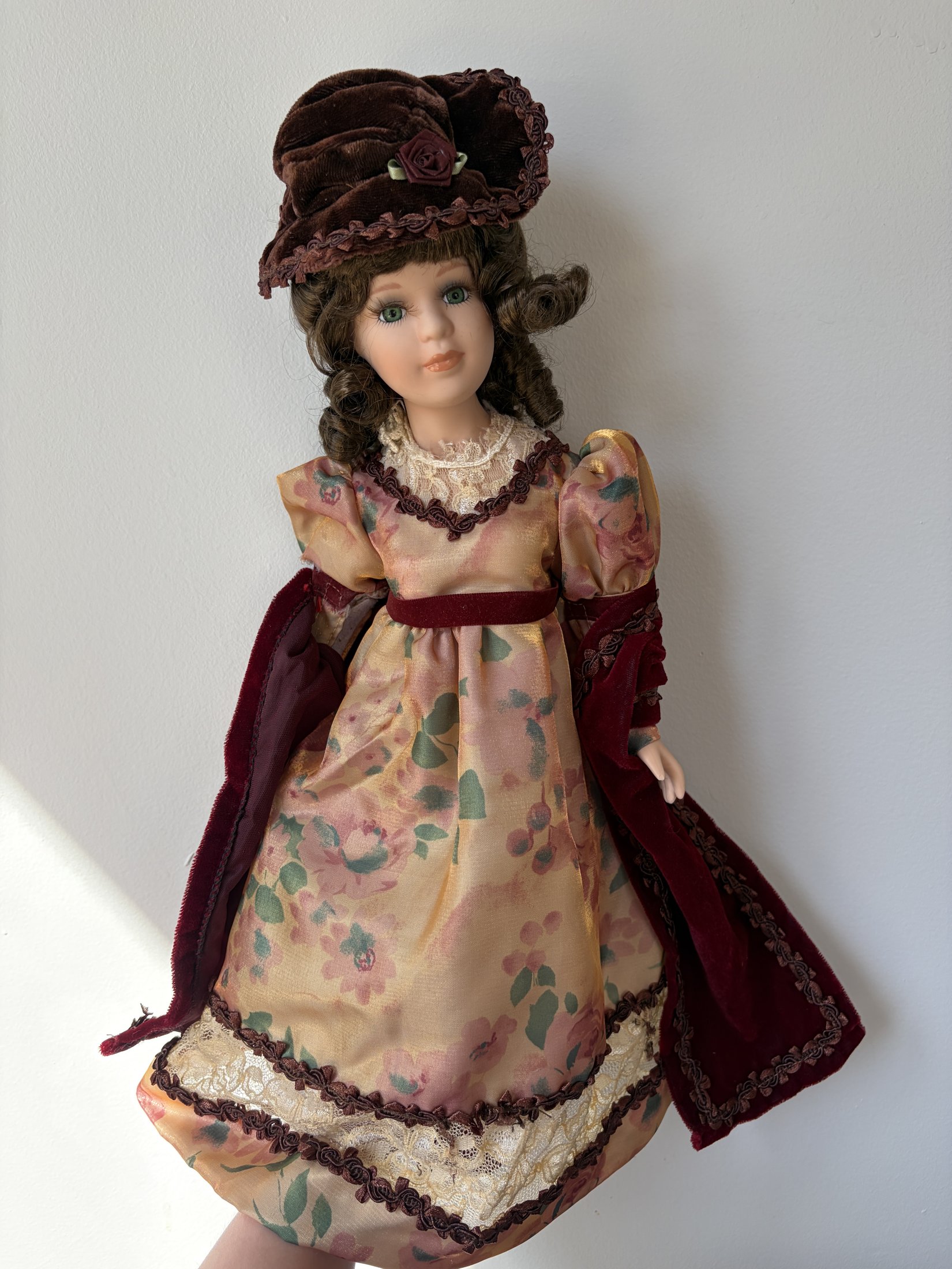 Victorian Style Porcelain Doll 18" Floral Dress with Hat - Image 6