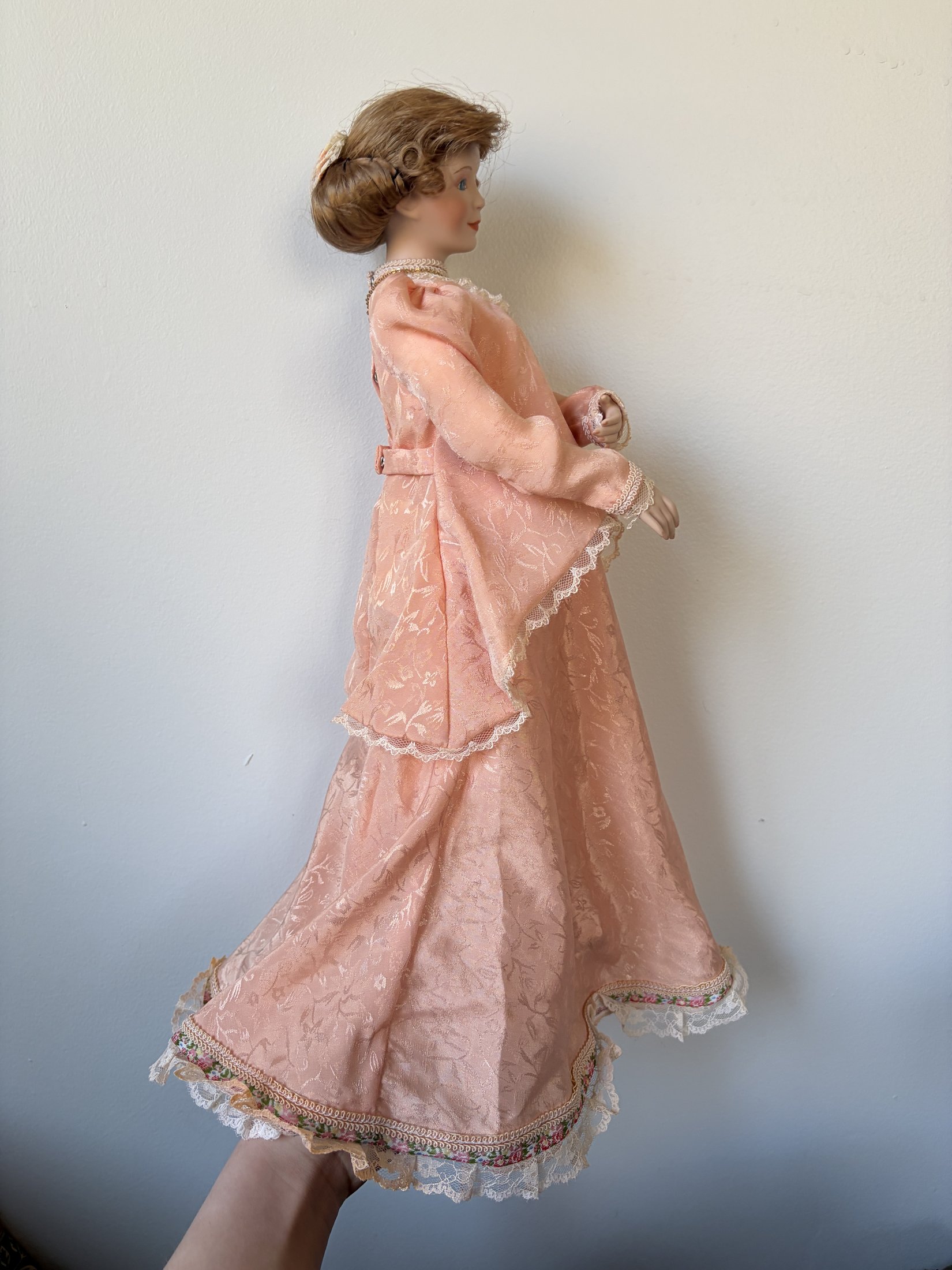 Porcelain Doll in Pink Lace Dress with Brown Hair and Blue Eyes - Image 3