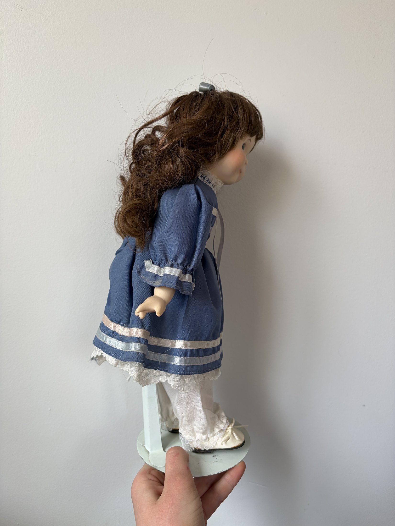 Porcelain Doll Brown Hair Blue Dress 16” with Stand - Image 3