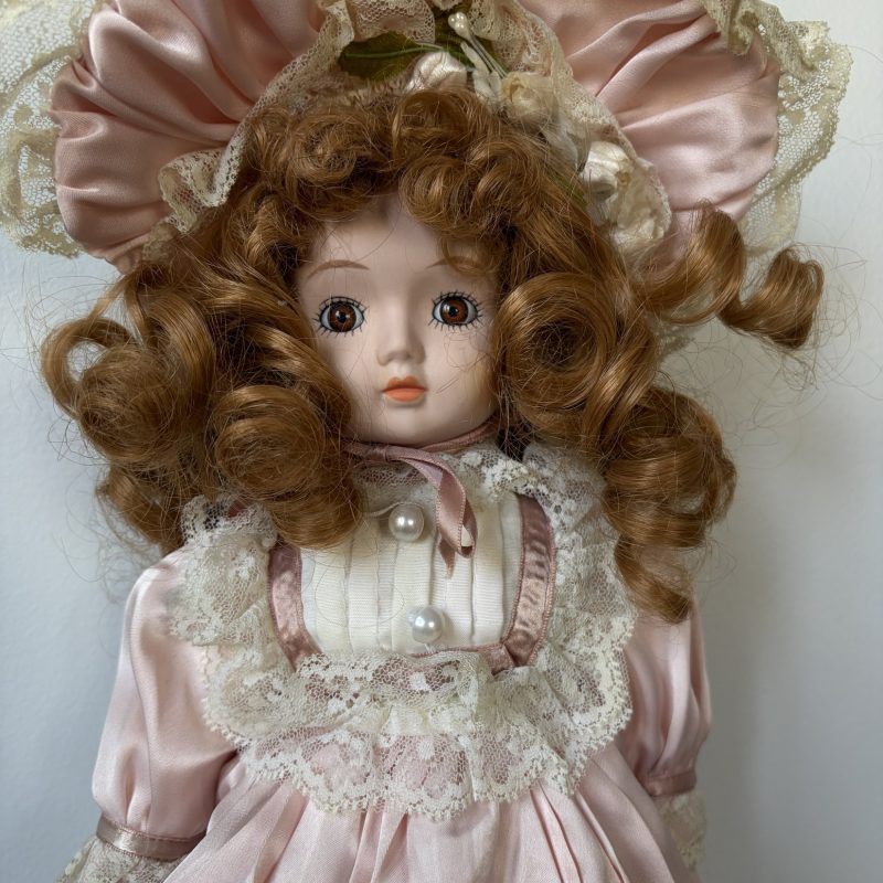 Vintage Porcelain Doll in Pink Lace Dress & Bonnet