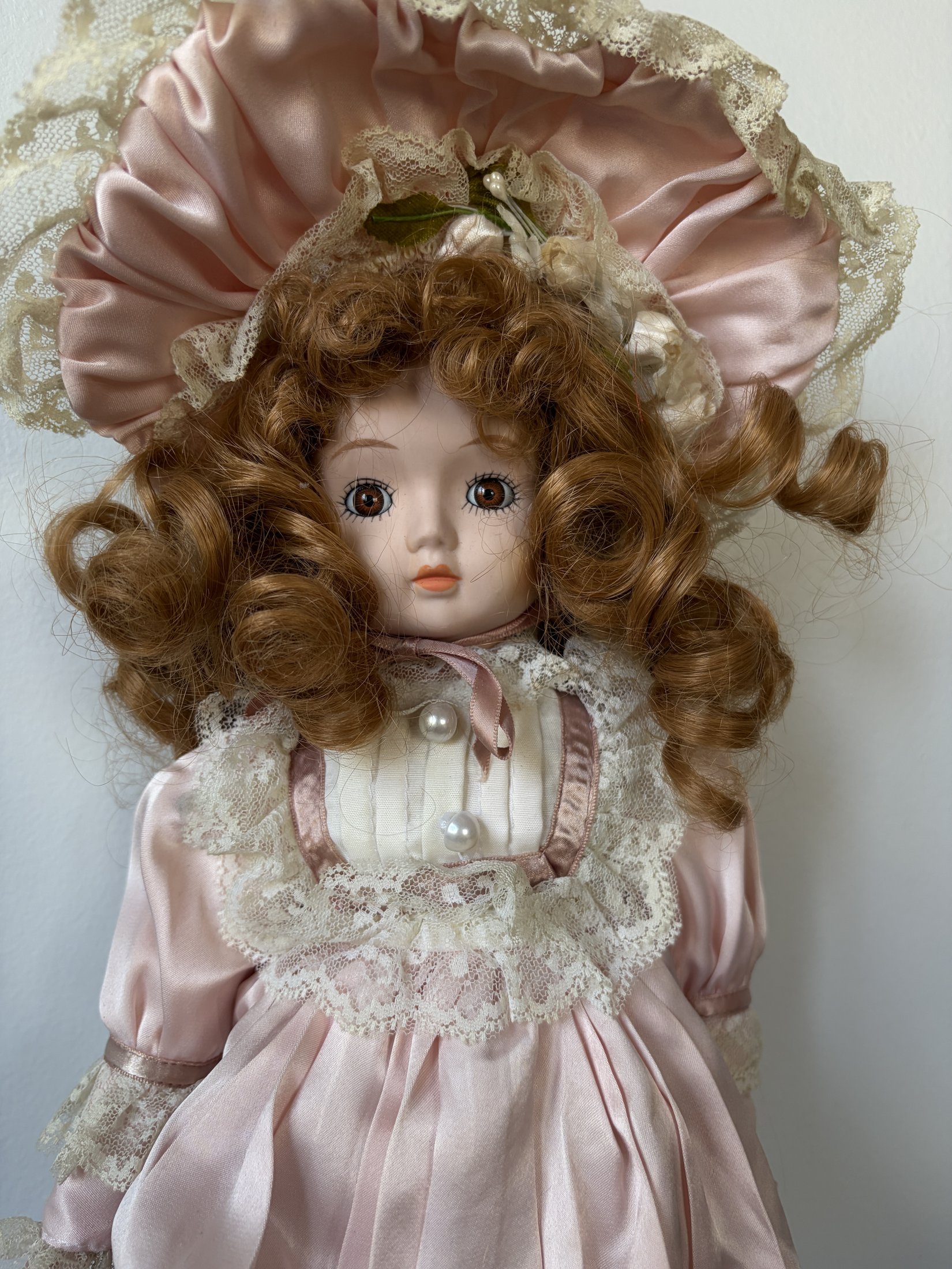 Vintage Porcelain Doll in Pink Lace Dress & Bonnet