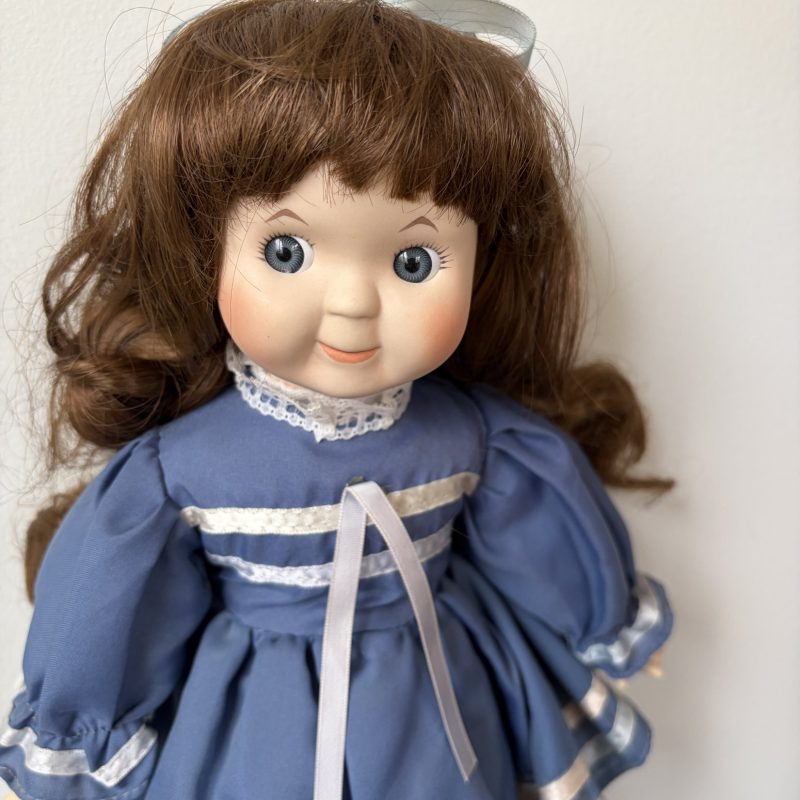 Porcelain Doll Brown Hair Blue Dress 16” with Stand