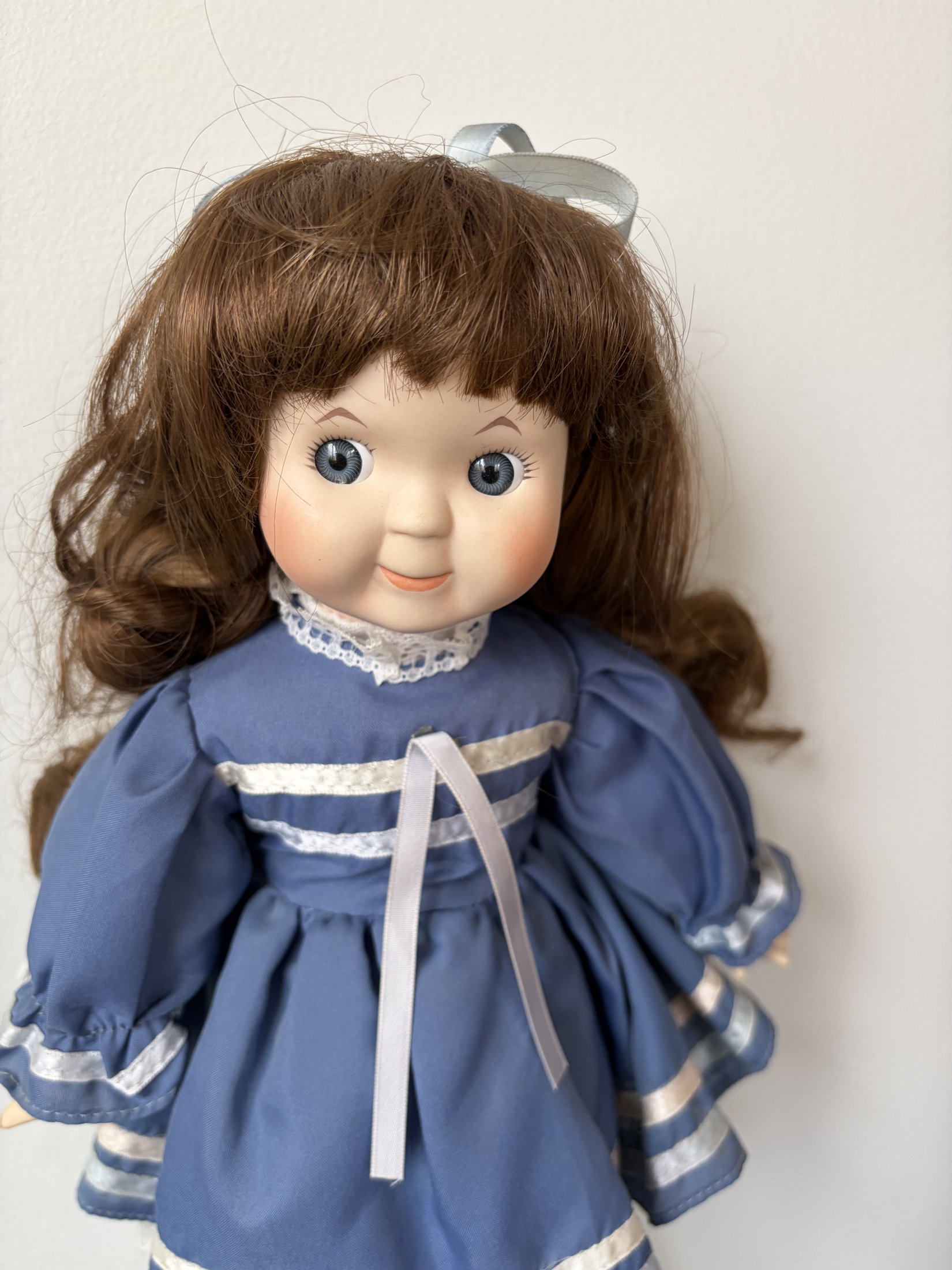 Porcelain Doll Brown Hair Blue Dress 16” with Stand