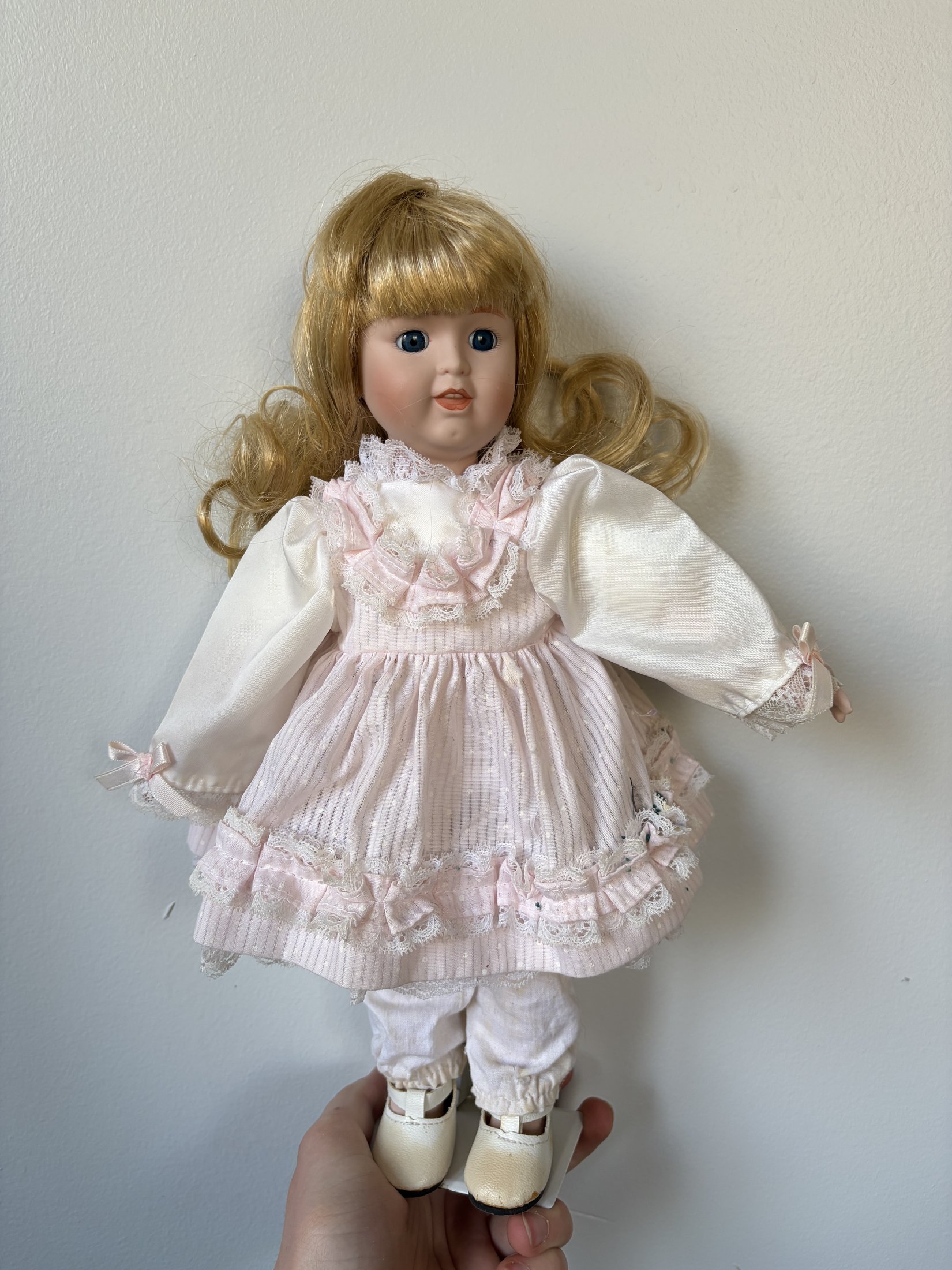 Porcelain Doll Blonde Hair Pink Dress 16" - Image 2