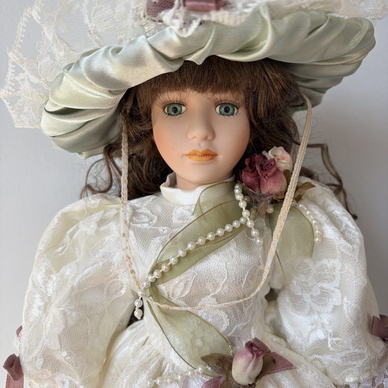 Porcelain Doll Green Dress Brown Hair with Lace and Flowers