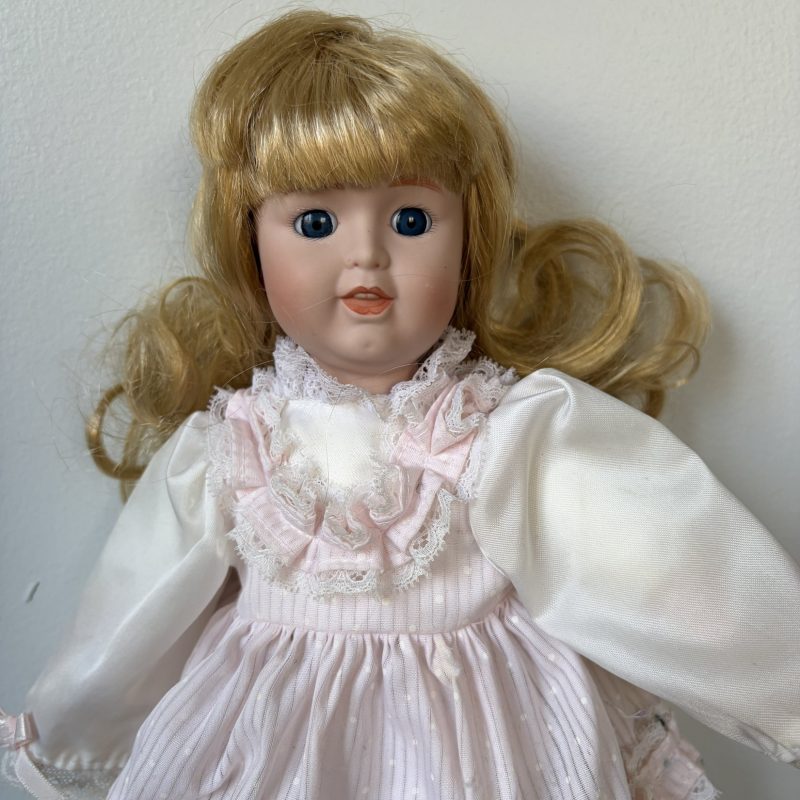 Porcelain Doll Blonde Hair Pink Dress 16″