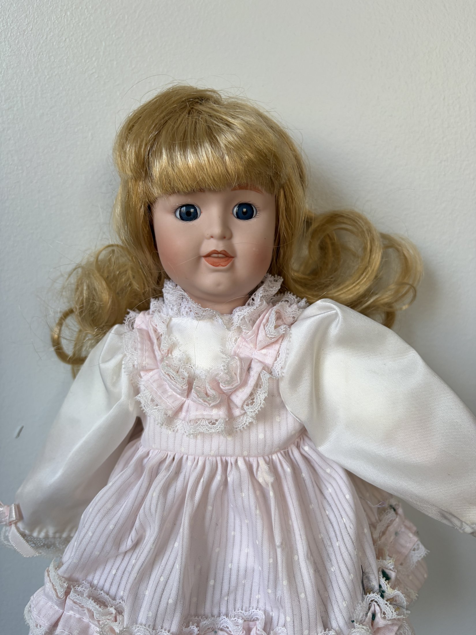 Porcelain Doll Blonde Hair Pink Dress 16"