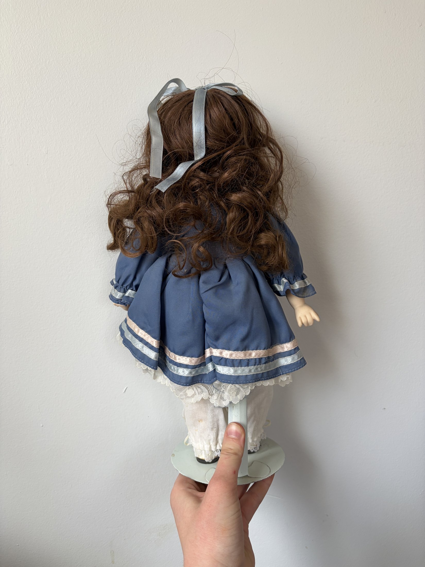 Porcelain Doll Brown Hair Blue Dress 16” with Stand - Image 4