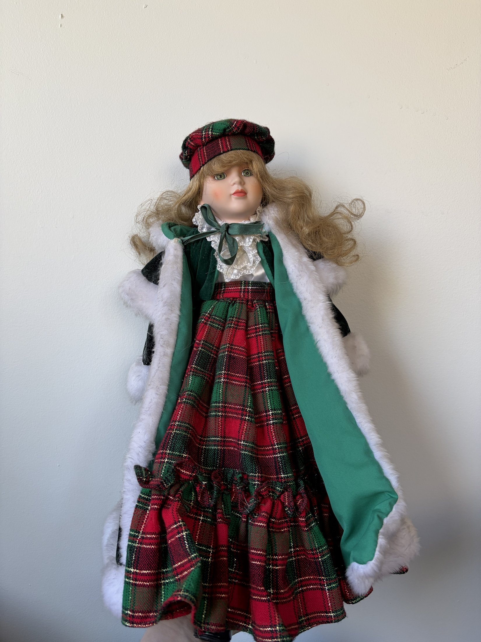 Artisan Limited Edition Porcelain Doll in Green Plaid Christmas Outfit - Image 2