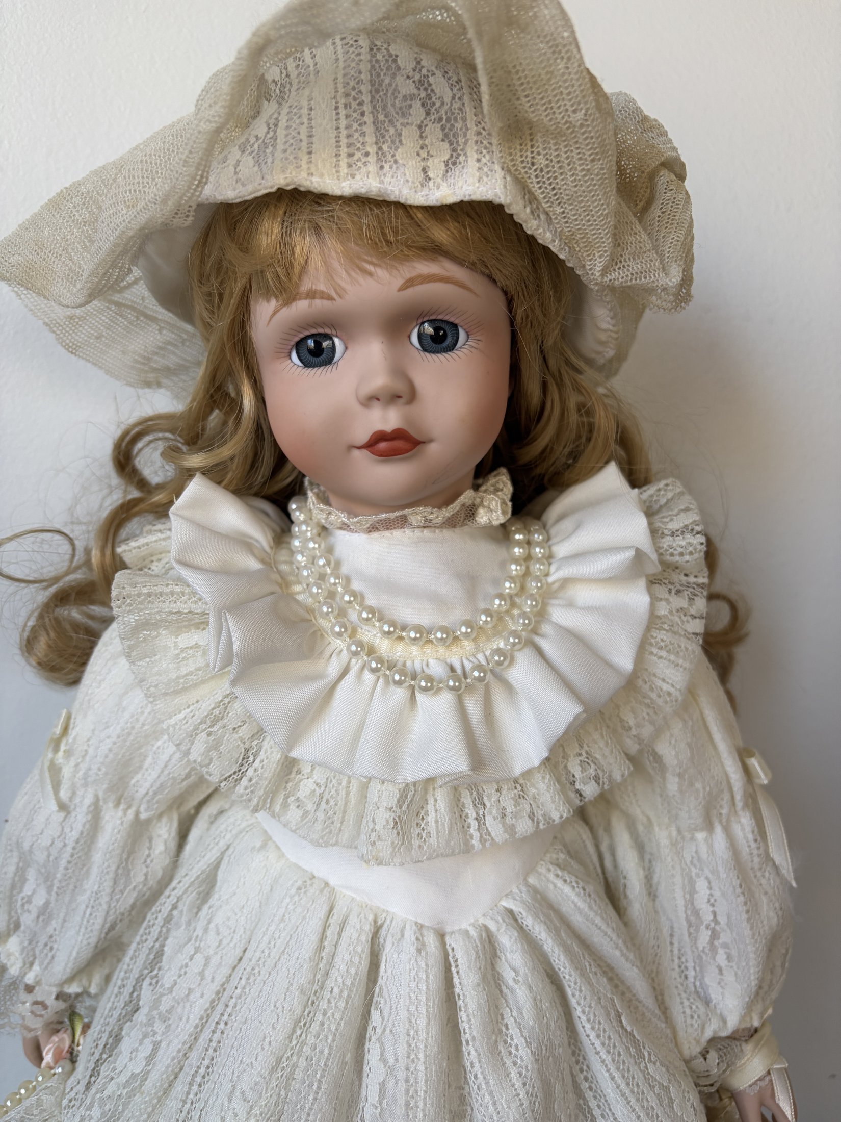 Vintage Porcelain Doll in Ivory Lace Dress with Blonde Curls