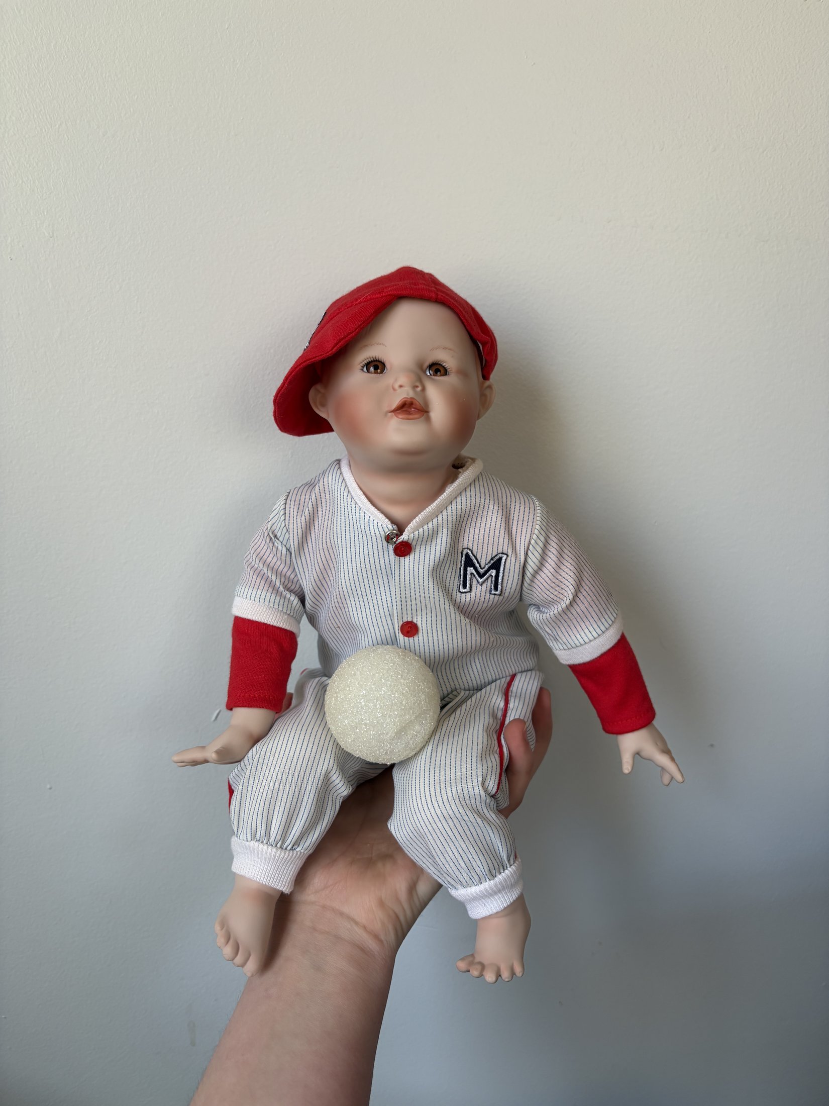 Porcelain Baseball Doll with Red Cap and Ball - Image 2