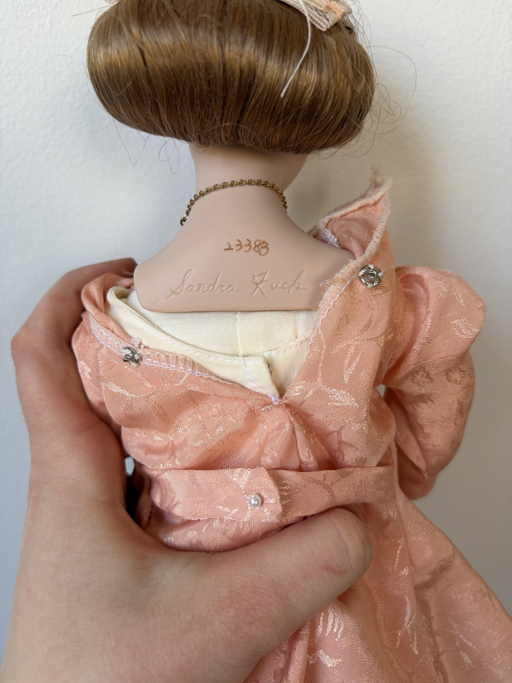 Porcelain Doll in Pink Lace Dress with Brown Hair and Blue Eyes - Image 6