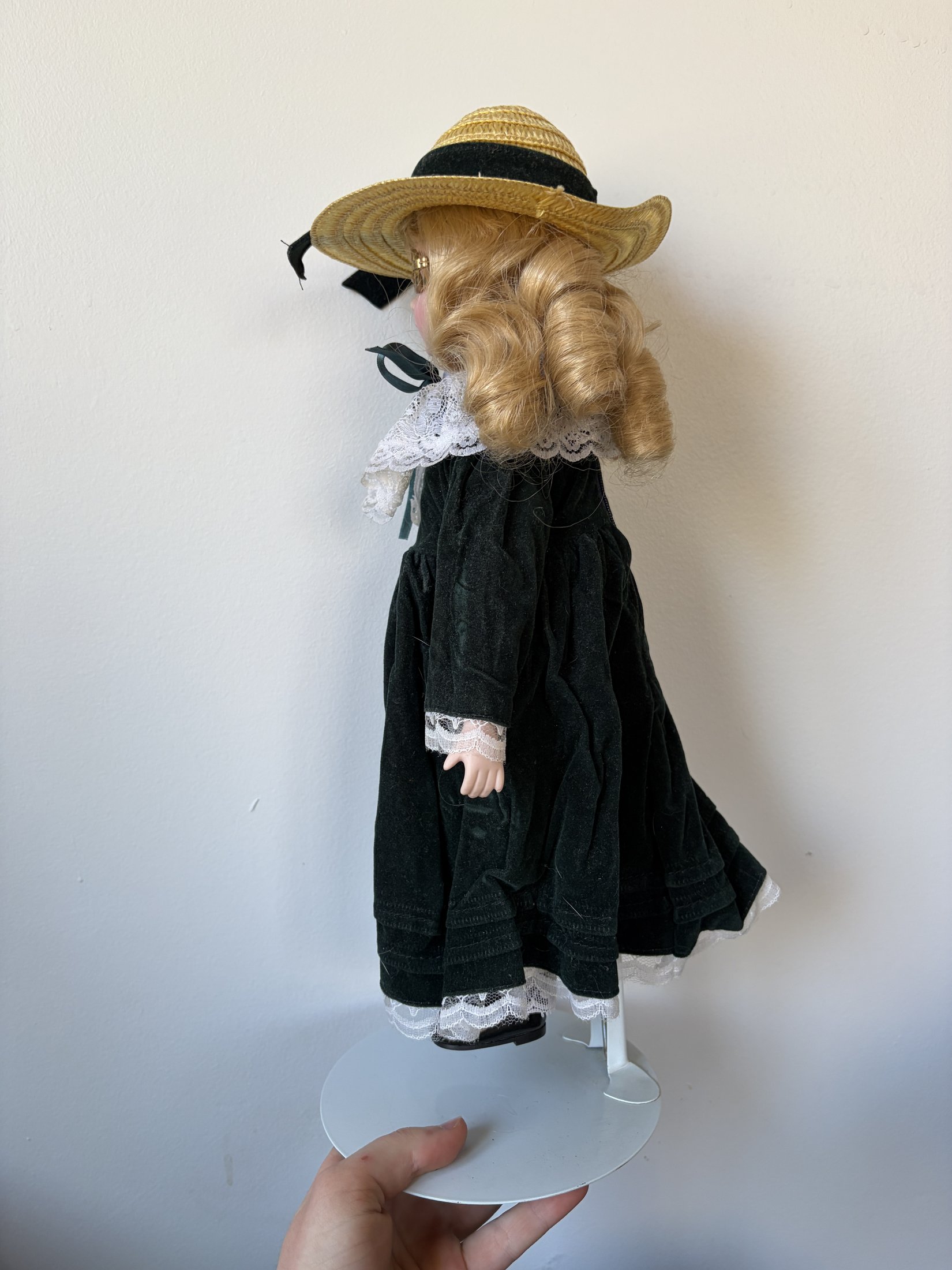 Vintage Porcelain Doll with Hat and Glasses, Lace Dress - Image 5