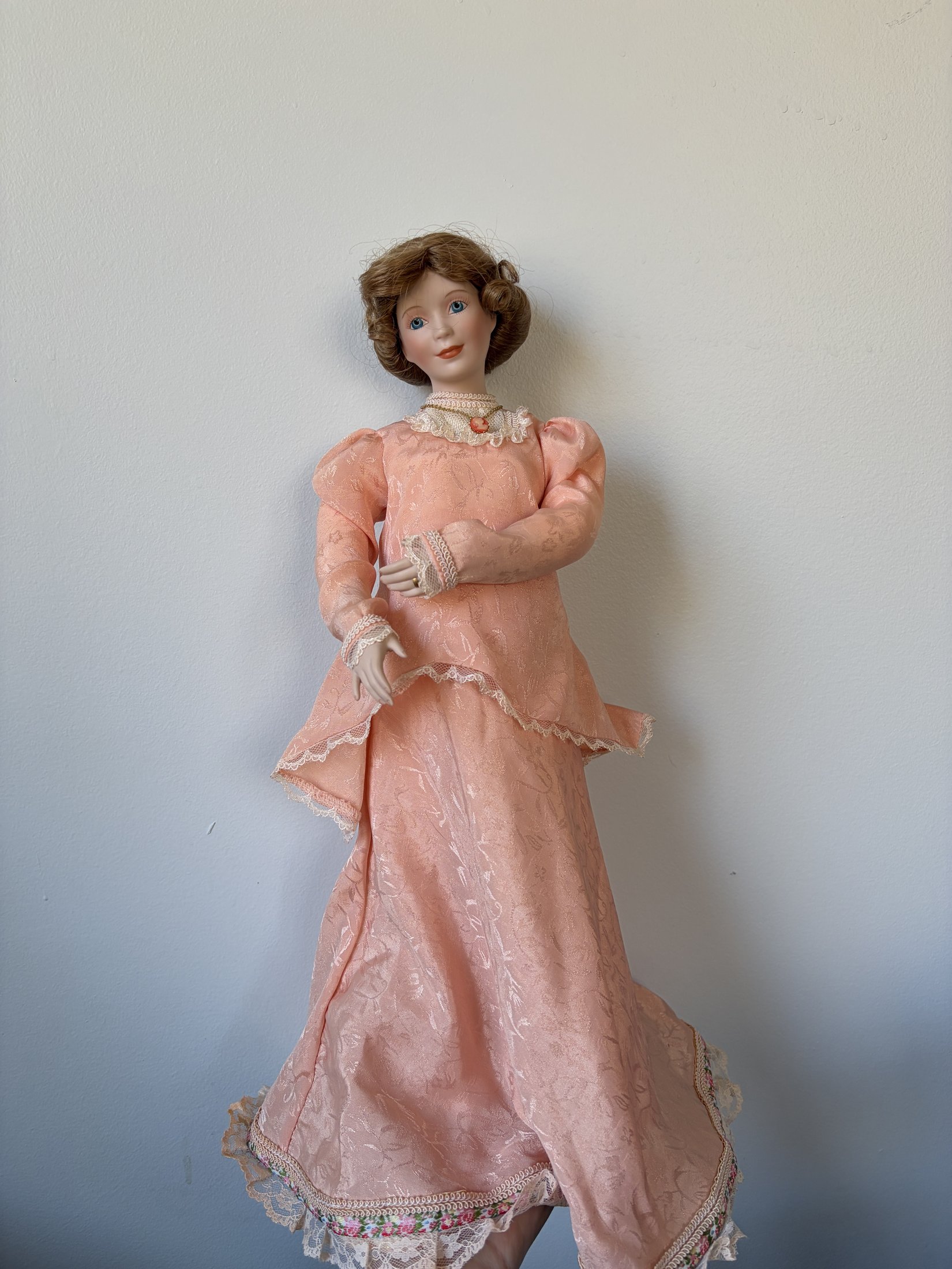 Porcelain Doll in Pink Lace Dress with Brown Hair and Blue Eyes - Image 2